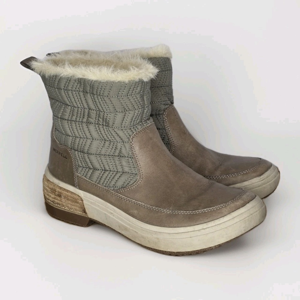 $155‎ Haven Bluff Waterproof Boots Sz 8 Leather Brindle Faux Fur Winter Beige